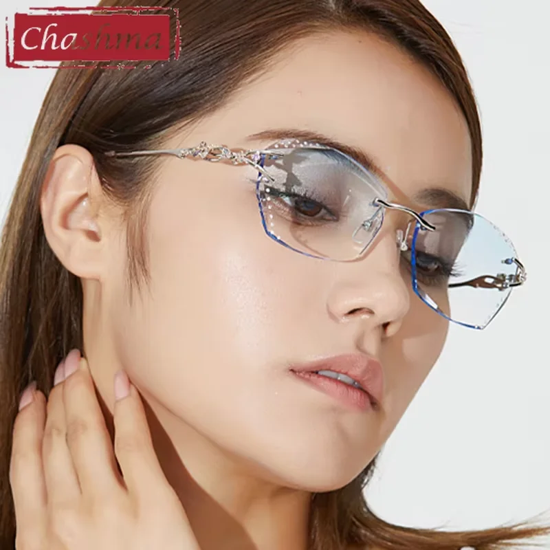 Chashma Luxury Tint Lenses Myopia Glasses Reading Glasses Sunglasses Diamond Cutting Rimless Titanium Frame for Women