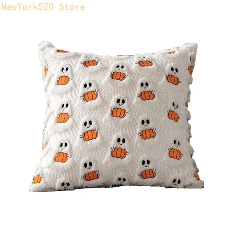 Halloween Decors Embroidered Cushion Cover 18x18Inch Plush Faux Furs Ghostly Pumpkin Pillow Case For Bed Sofa Living Room N84C