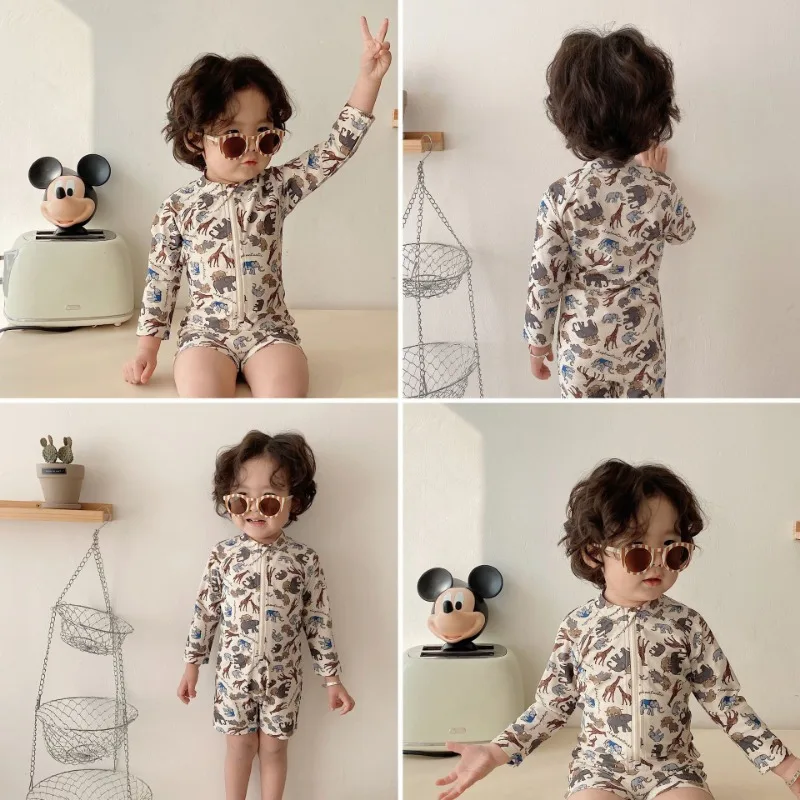 New Summer Boys One Piece Swimsuit Cute Print Long Sleeve O-neck Zipper Swimwear+Cap Kids Sun Protection Swimming Clothes E8077