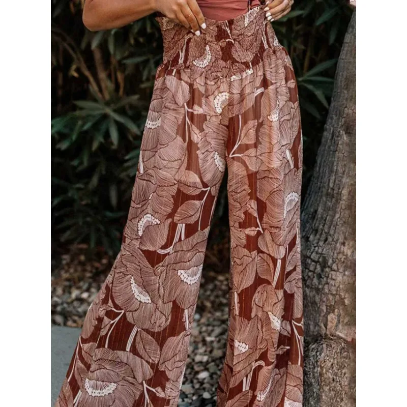 

Женские брюки-палаццо с высокой талией, широкими штанинами, цветочным принтом, из шифона, в стиле бохо, для повседневной носки, отпуска и пляжа