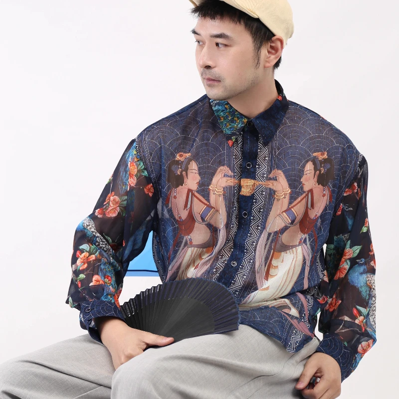 Men's 2025 Spring Summer New Original Transparent Thin Mesh Gauze Shirts Over Size Long Sleeve Tops Graceful Sunscreen Shirts