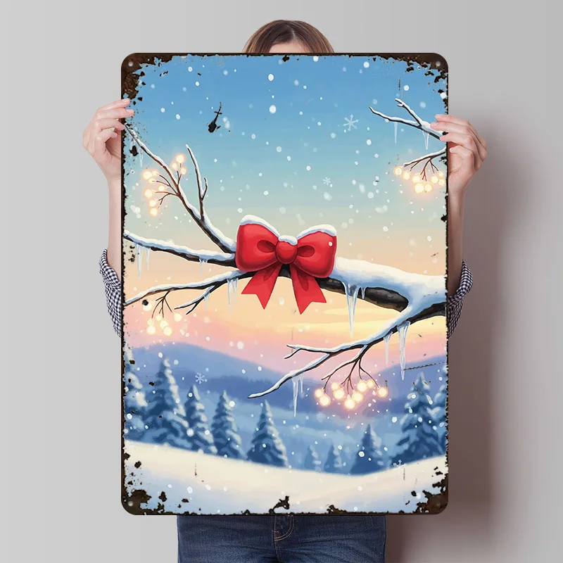Paisagem de inverno com arco vermelho cartaz de metal sinais de lata itens de decoração de casa de luxo sinal de metal personalizado para decoração de arte de parede retro