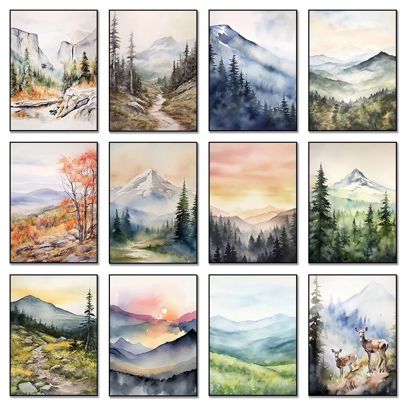 Mountains Clouds Forests Fields Stones Impressionist Watercolor Landscape Poster Canvas Painting Wall Art HD Pictures Home Decor