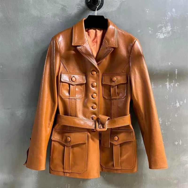 High Quality Sheepskin Autumn Real Leather Jacket Women Single Breasted Female Jackets Belt Slim Luxury Leather Coat