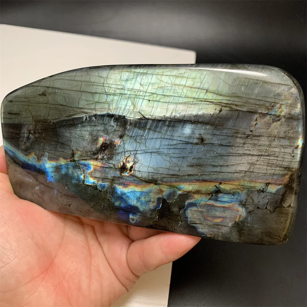 Natural Silver Blue Gray Green Light Labradorite Specimen Big Black Body Ornament Colorful Orange Purple Light Labrador Blocks