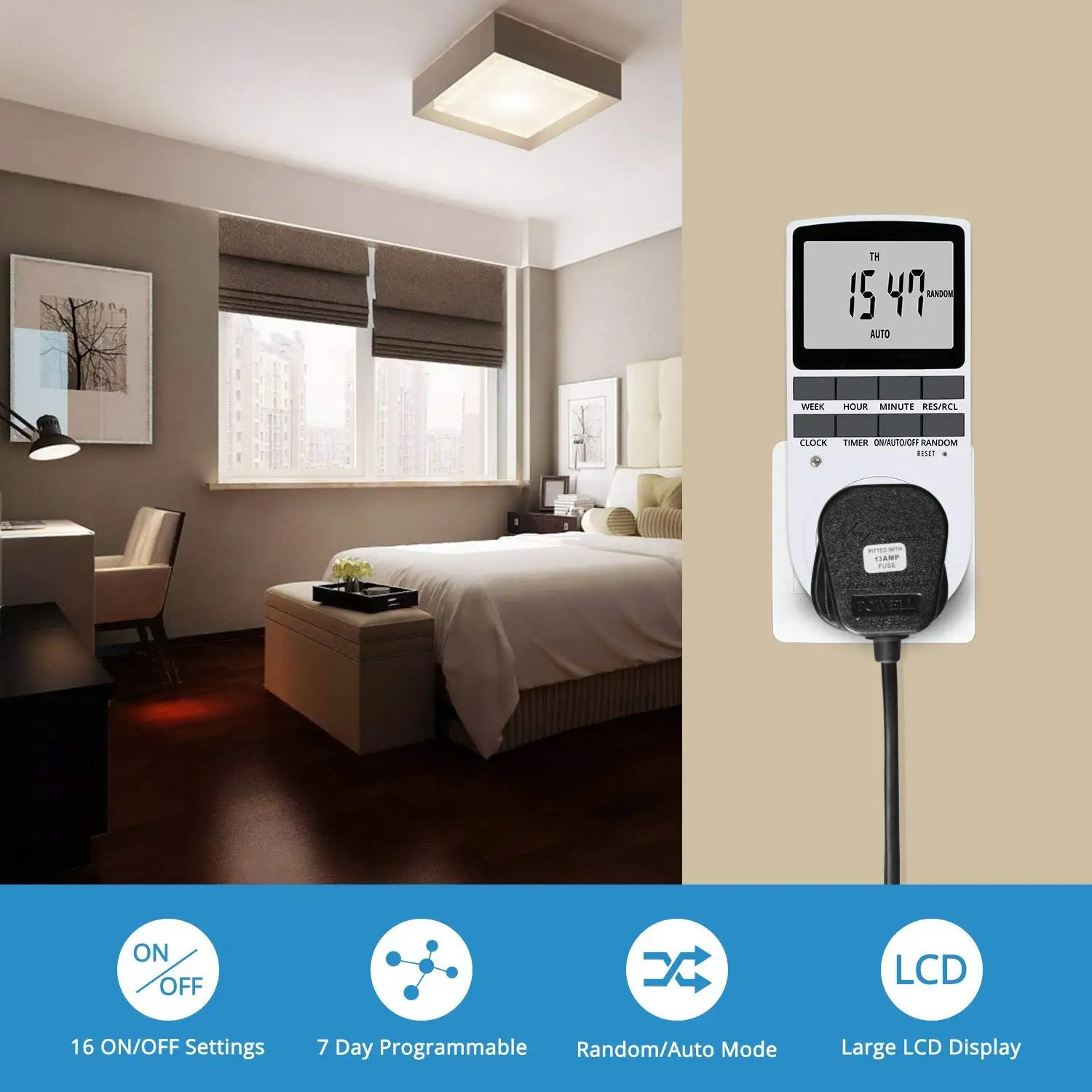 Tomada de temporizador digital plug-in com grande display LCD, plug elétrico programável, temporizador para luz, B e mais