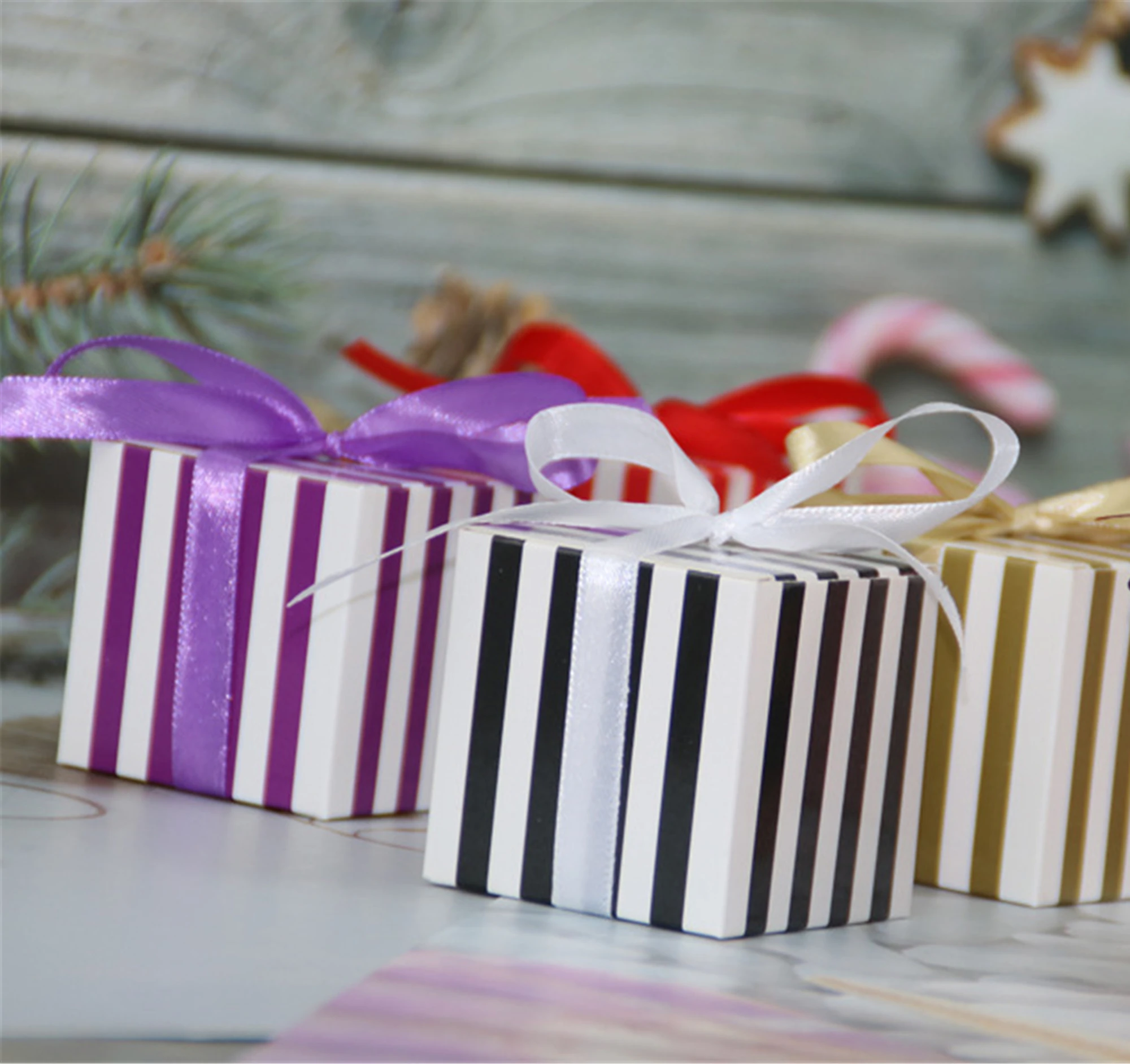 

Striped Party Favor Boxes-Wedding Bridal Shower Candy box-Gift box with black pink gold silver ribbon for wedding birthday party