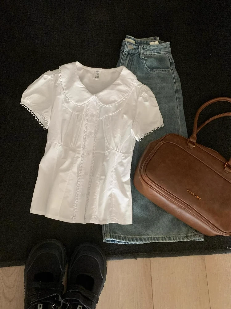 

Sweet Ruffle Collar ort Sve Slimming White Bubble Sve Waist-Cinching Women's irt Korean Sle Loose Fit Commute Fas...