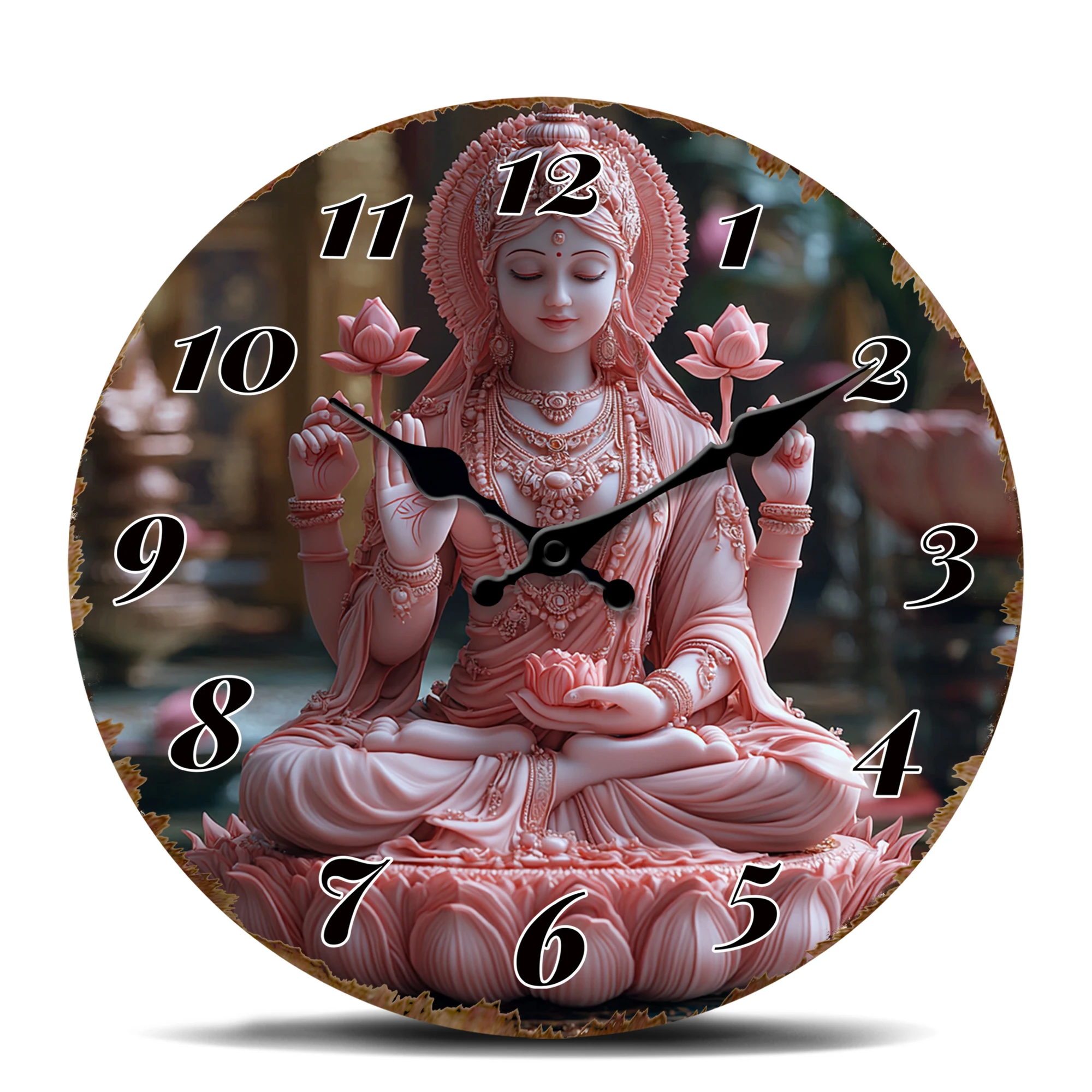 Pink Deity Statue with Lotus Flowers Round Wall Clock - Spiritual Decor for Meditation Room, Yoga Studio, or Home - Quiet