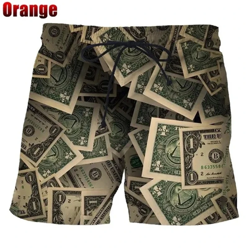 Bermuda Masculina Dólar Estampado 3D Shorts de Praia, Shorts de Borda Masculina, Shorts Unissex Casual Natação, Streetwear, Férias Beachwear