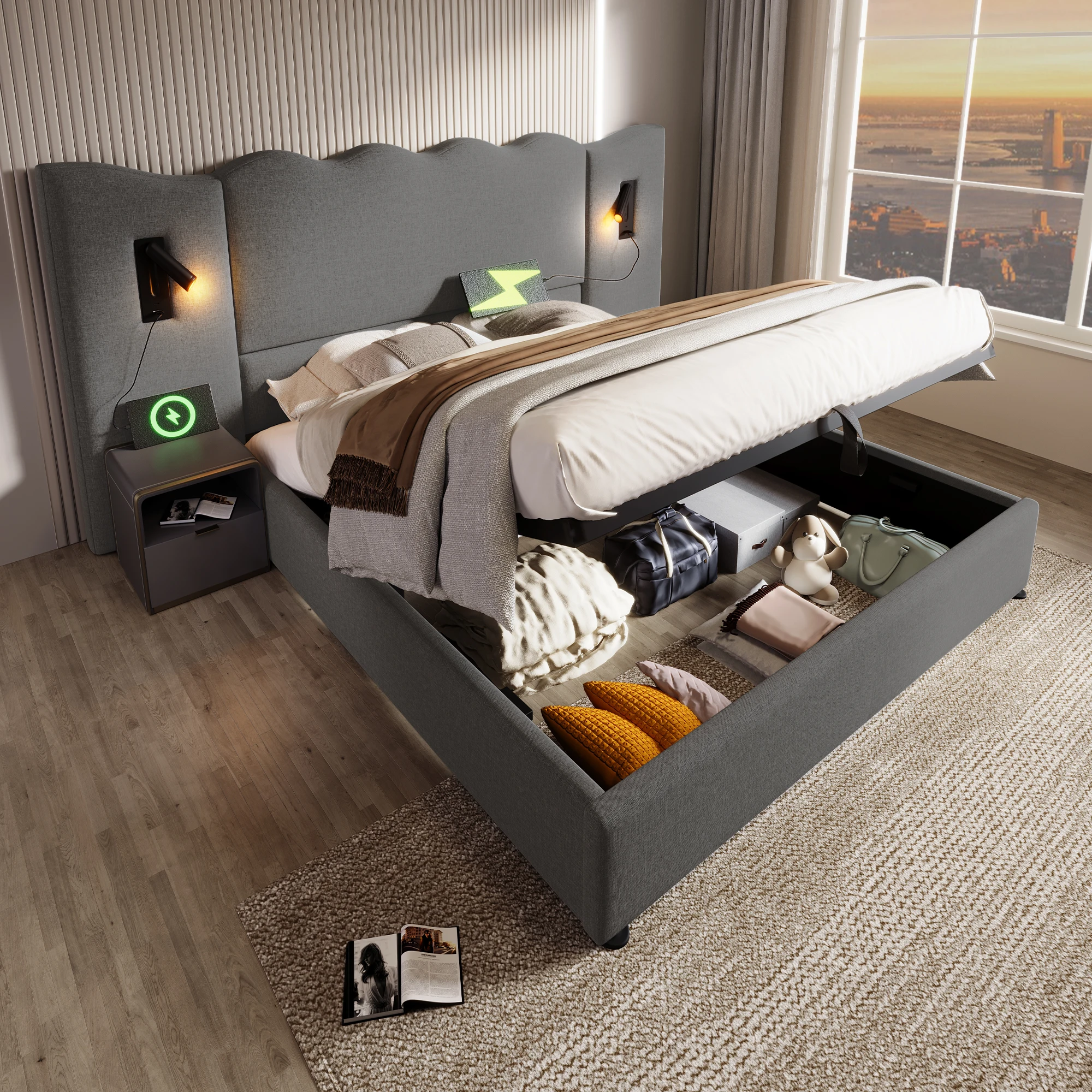Lit coffre 160 × 200 cm, lit double avec USB, Type-C et lampe de lecture - sans matelas - en lin gris