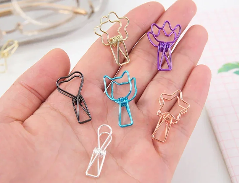 6Pcs Mini Delicate Metal Clips Creative Heart Star Cat Bear Style Clamp Paper File Organizer Clip School Office Supplies