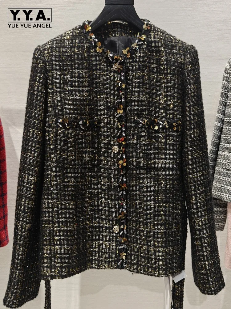 Elegant Office Ladies O-Neck Black Gold Sequins Tweed Jacket Straight Single Breasted Coat Women Fashion Long Sleeve Outerwear