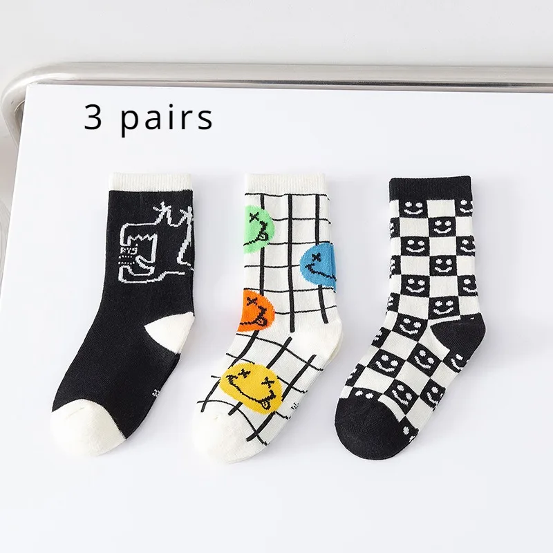 3 Pairs of Spring and Fall Children Cute Smiley Fashion Checkerboard Cartoon Comfortable Socks for Boys and Girls