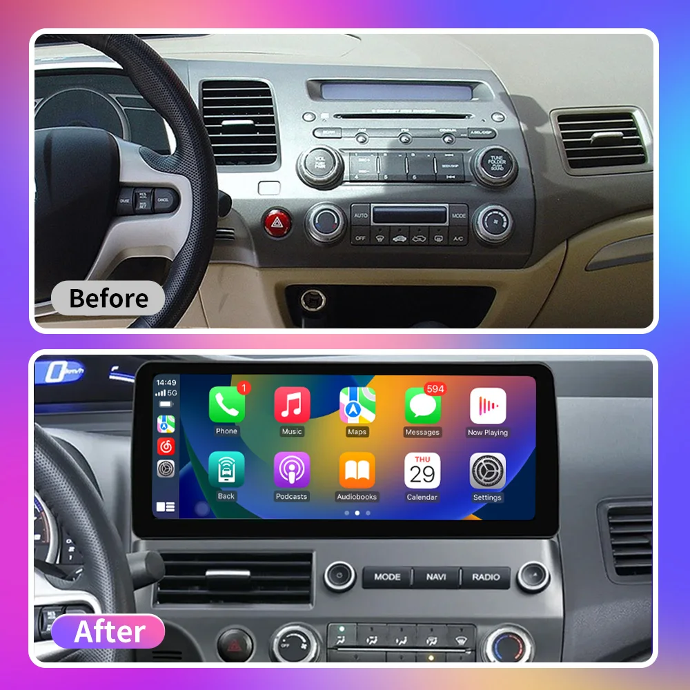 EKIY 12.3inch Wireless CarPlay Android Auto Radio For Honda Civic 2005 - 2012 Car Multimedia Video Player Stereo GPS Navi DVD HU