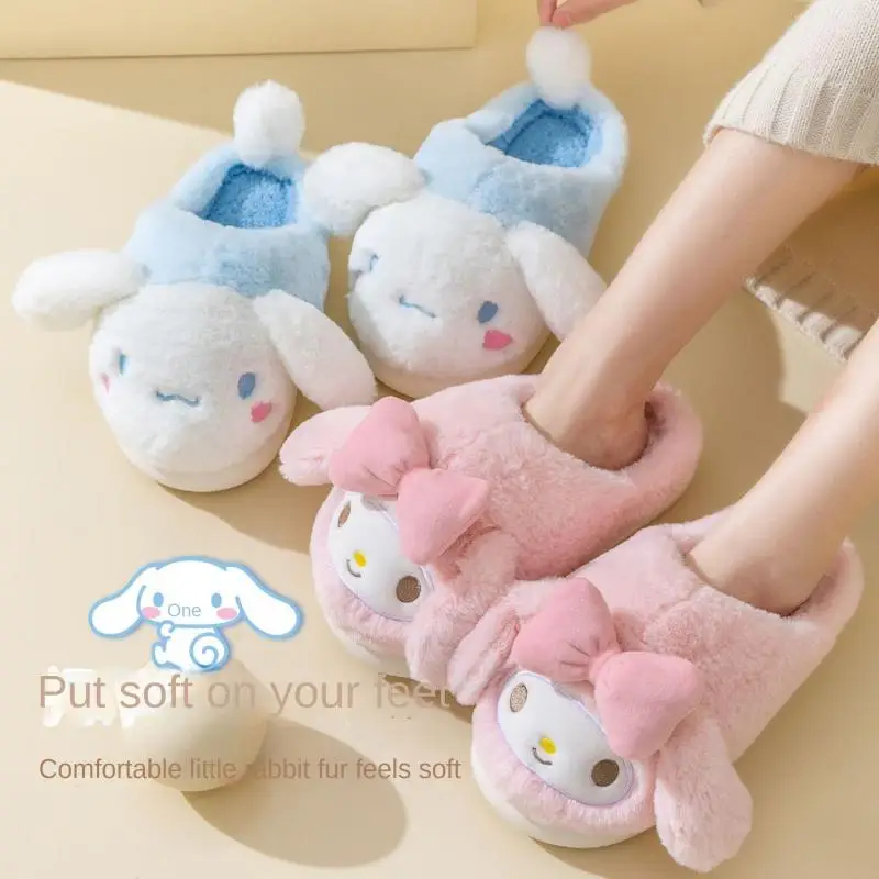 Kawaii Sanrio Anime My Melody Cinnamoroll Kid Plush Slipper Winter Keep Warm Thickening Girl Heart Non Slip Warm Cotton Slippers