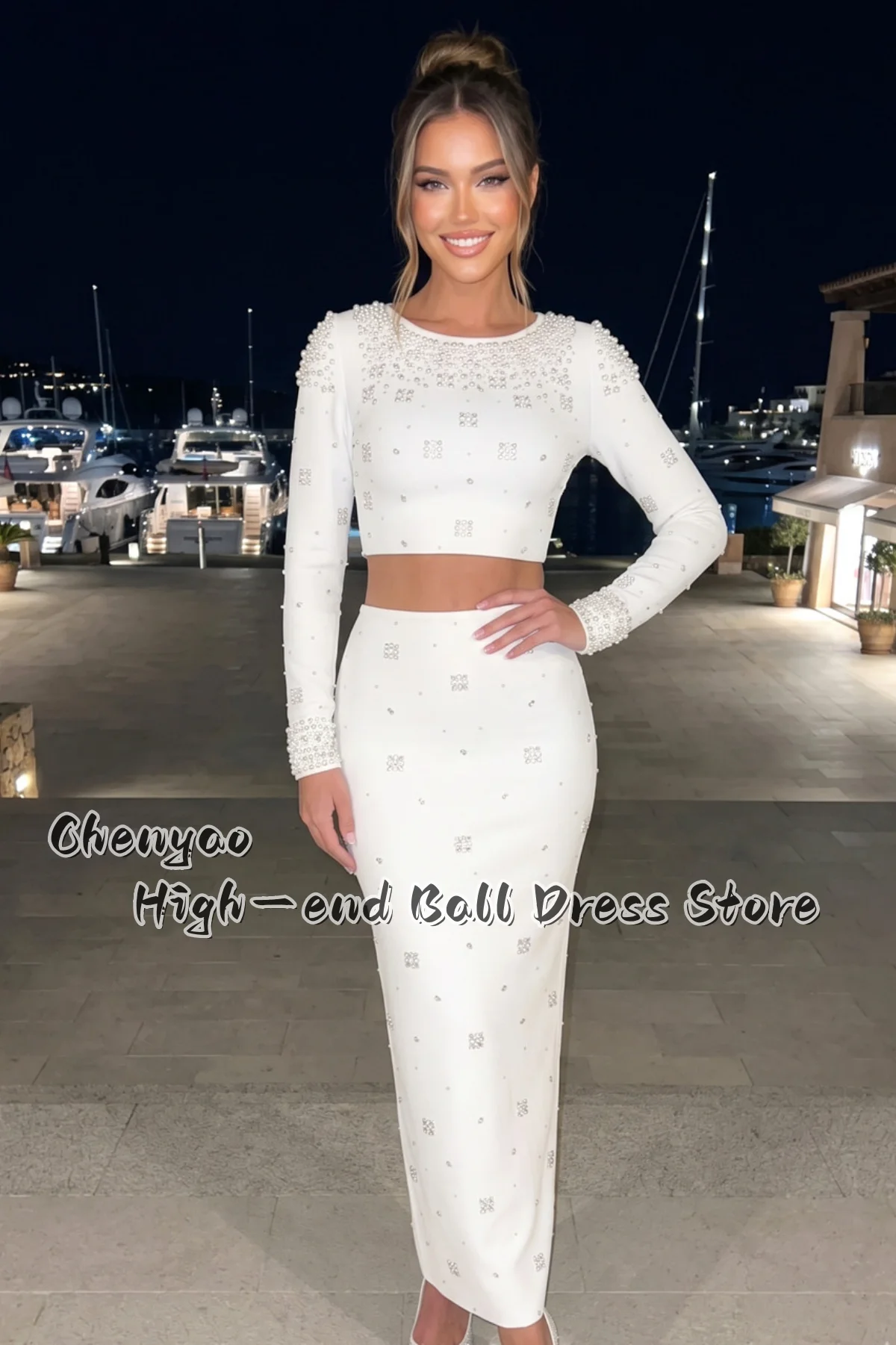 Chic Long Sleeve Crop Top Party Porm Dress Pearl Choker Neckline Cuffs Square Rhinestone Custom Evening Gown vestido de festa view 3