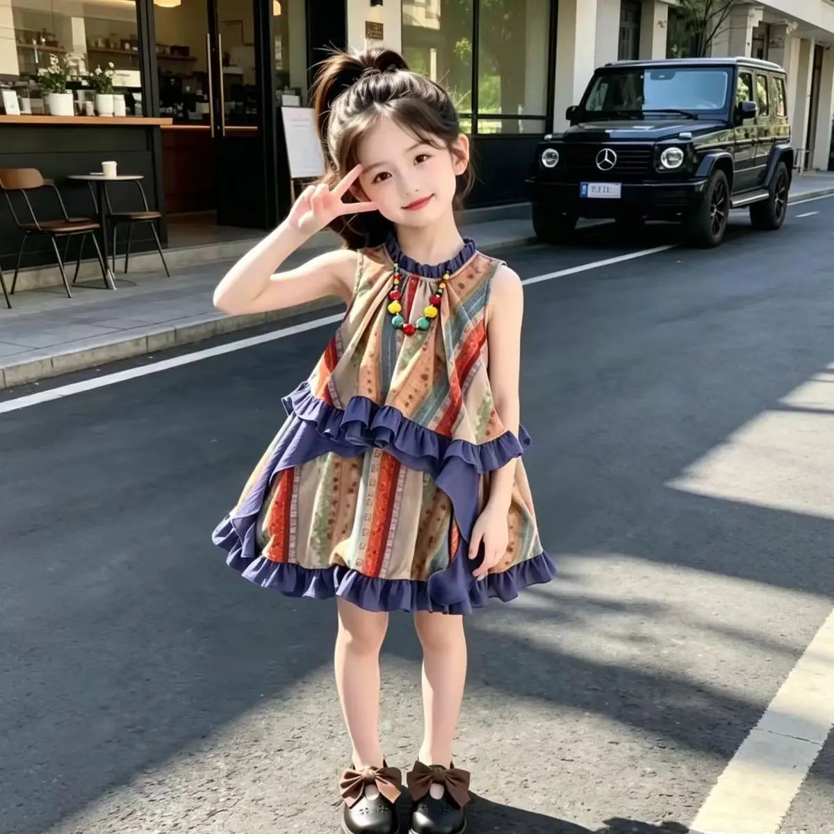 

Girls Summer Floral Dress Retro French Style Artistic Children's Dress Kids Clothing