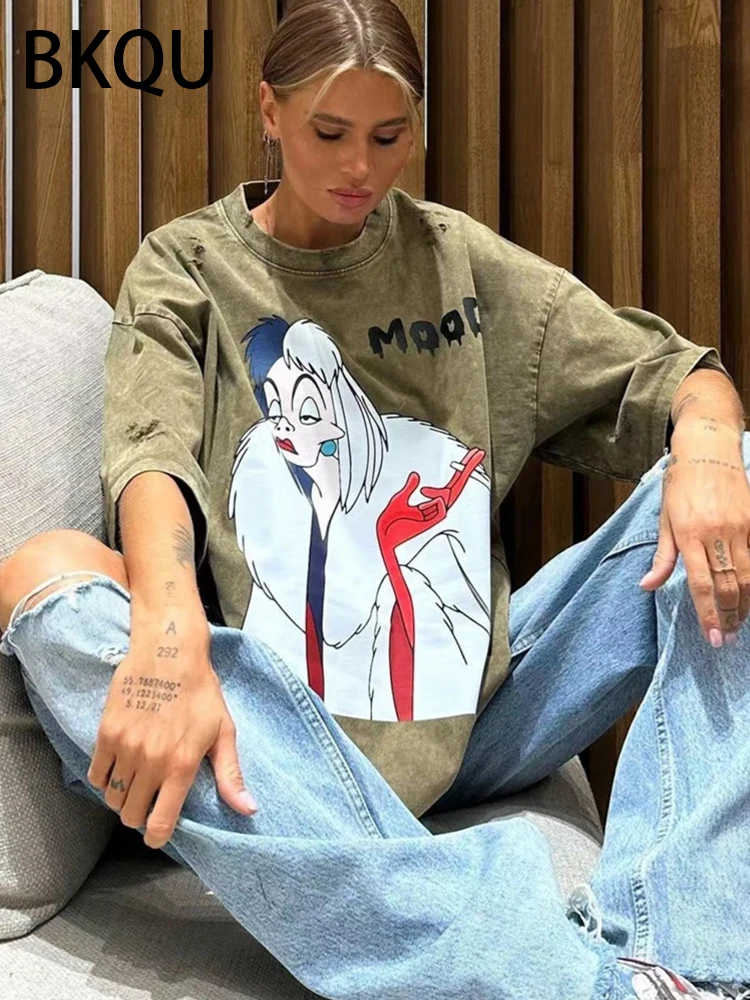 BKQU Oversized T-shirt Women Graphic Print Ripped Half Sleeve Tee Shirts High Street Hip Hop Female Pullovers Vintage Loose Tops