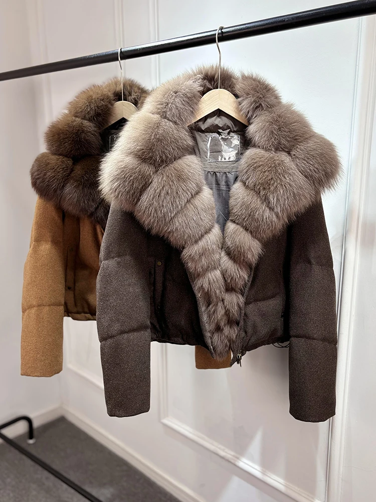Janveny Luxury Winter 90% White Duck Down Wool Blends Jacket Women 2025 New Real Natural Fox Fur Thick Warm Puffer Down Coat