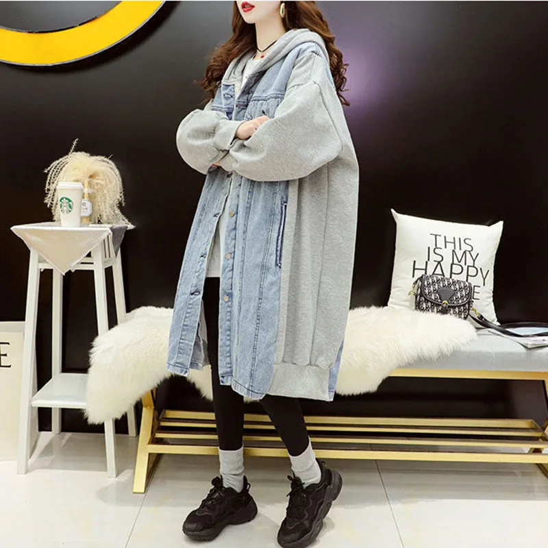 New Women Denim Splicing Hoodie Cardigan Autumn Winter Long Hooded Denim Jacket Loose Female Casual Windproof Motorcycle Jackets