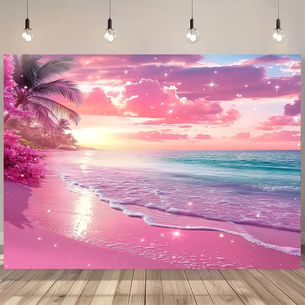 Bohemian Tropical Sunset Beach Tapestry Wall Hanging Ocean View Pink Sky Decor Polyester Print Art for Bedroom Living Room Home
