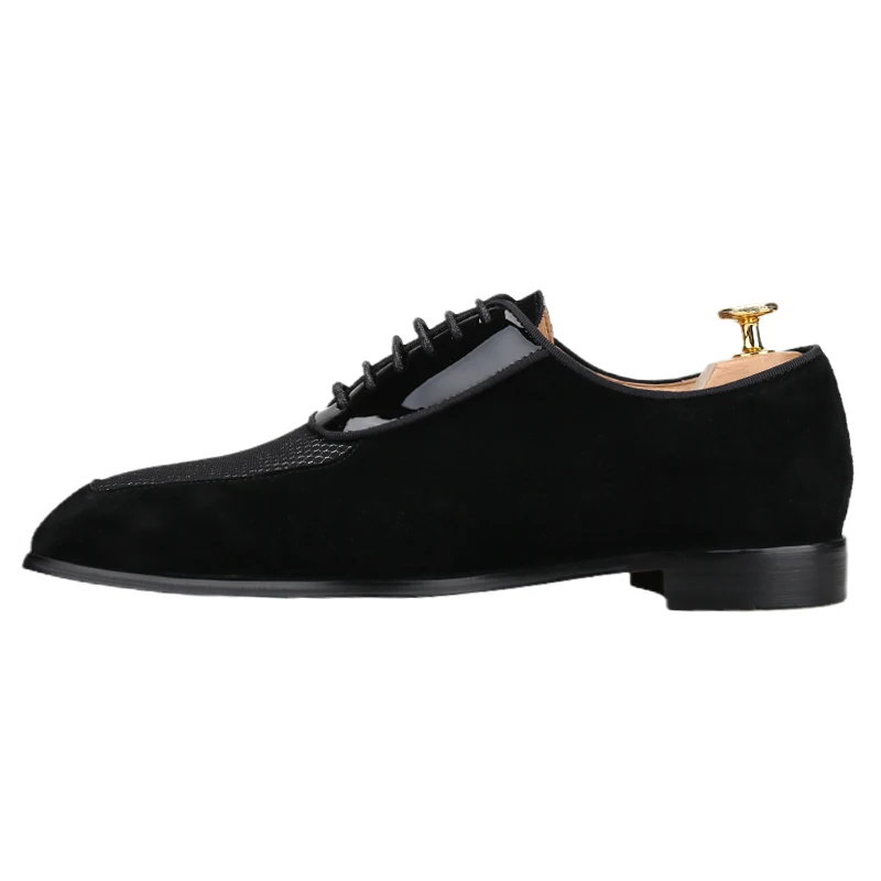Piergitar 2025 Black Suede Stitching Textured Jacquard And Patent Leather Retro Oxfords Shoe Handmade Red Sole Men's Dress Shoes