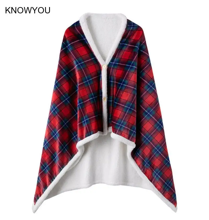 

Красная клетчатая накидка, утепленное фланелевое флисовое одеяло, женское теплое домашнее платье из пашмины на пуговицах, куртка, плащи, мантилья для пары