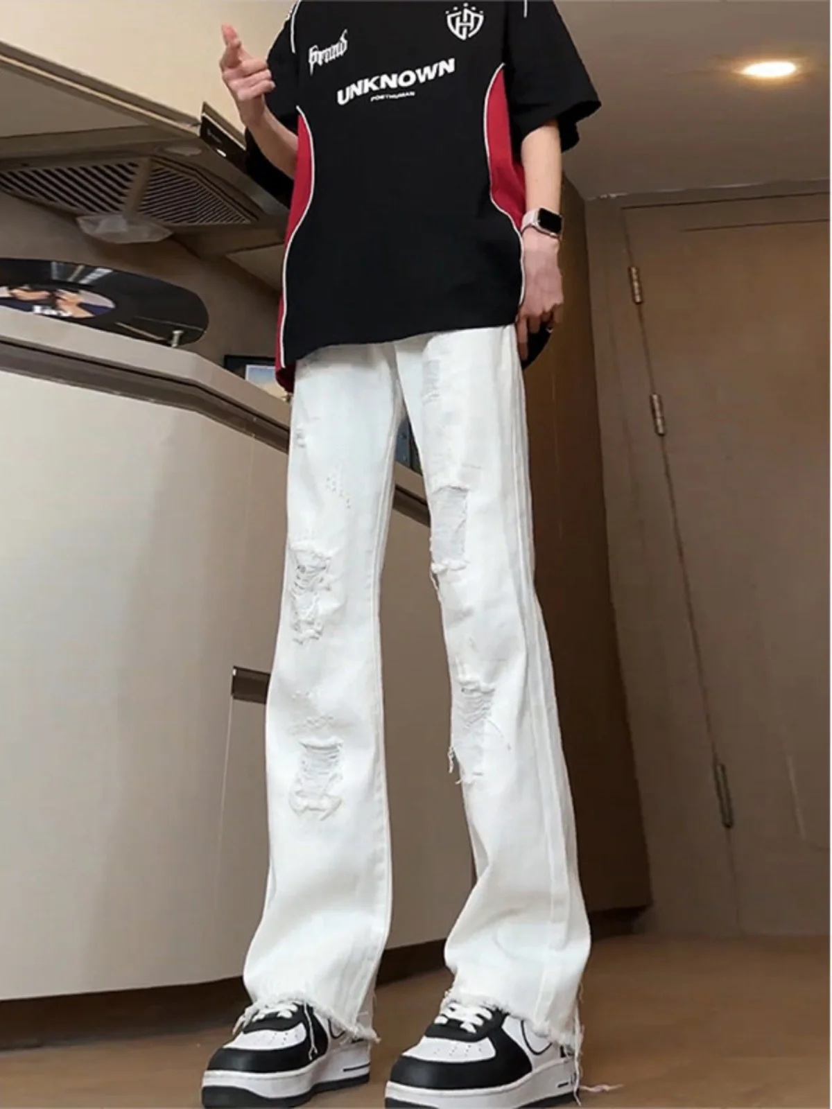 

Soft Faded Men's Jeans High Waist Bell Bot Long Leg Effect American Sle Summer Cotton Denim Straight Loose Fit Trousers