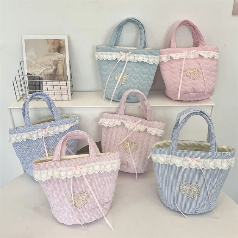 

Elegant Lace Handbag - Ladies Lunch Box Tote Bag with Pongee Lining & Heart Pattern, For Work, School, Dating, Gift, Women Daily