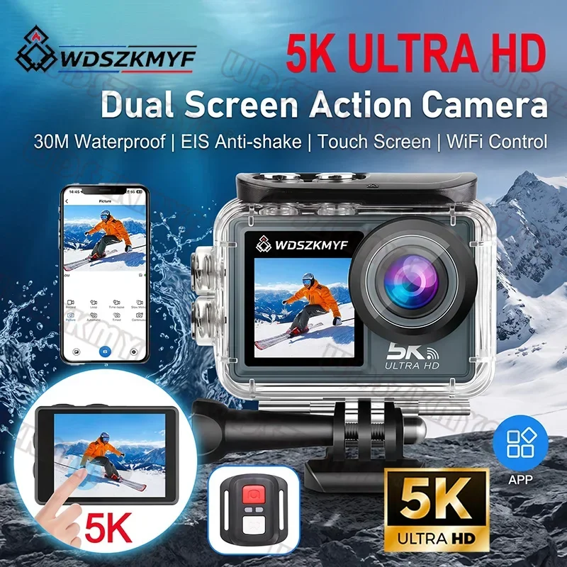 Anti-shake Action Camera 5K/4K Dual Screen Wi-Fi 170° DVR Webcam Waterproof 30M 5X Zoom Sports Camera For Motorcycle Vlog