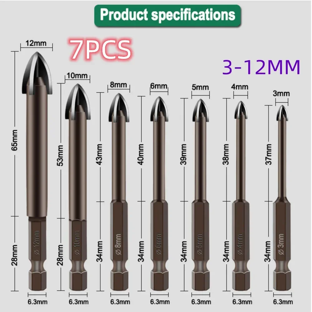 

4/7Pcs/set Tungsten Steel Glass Drill Bit Set Alloy Carbide Point 4 Cutting Edges Tile Glass Cross Spear Head Drill Bits