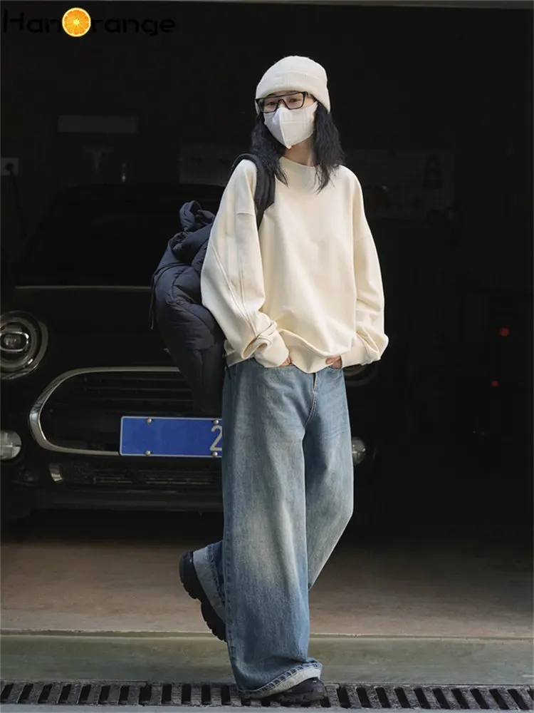 HanOrange 2025 أوائل الربيع صورة ظلية بسيطة س الرقبة القطن البلوز المرأة فضفاضة رداء علوي غير رسمي البلوز أوف وايت/رمادي داكن