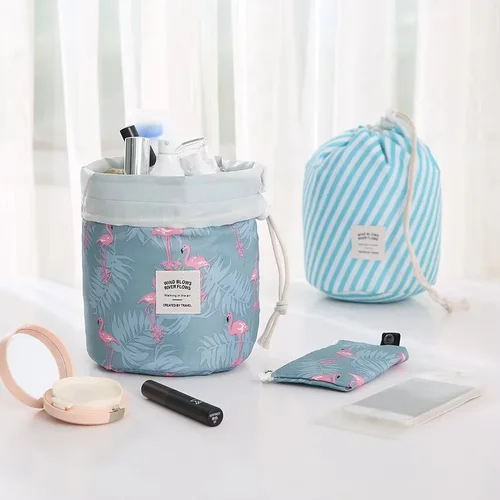 Neceser de barril de alta capacidad para mujer, bolsa de maquillaje cilíndrica impermeable con cordón, neceser de viaje, novedad de 2023
