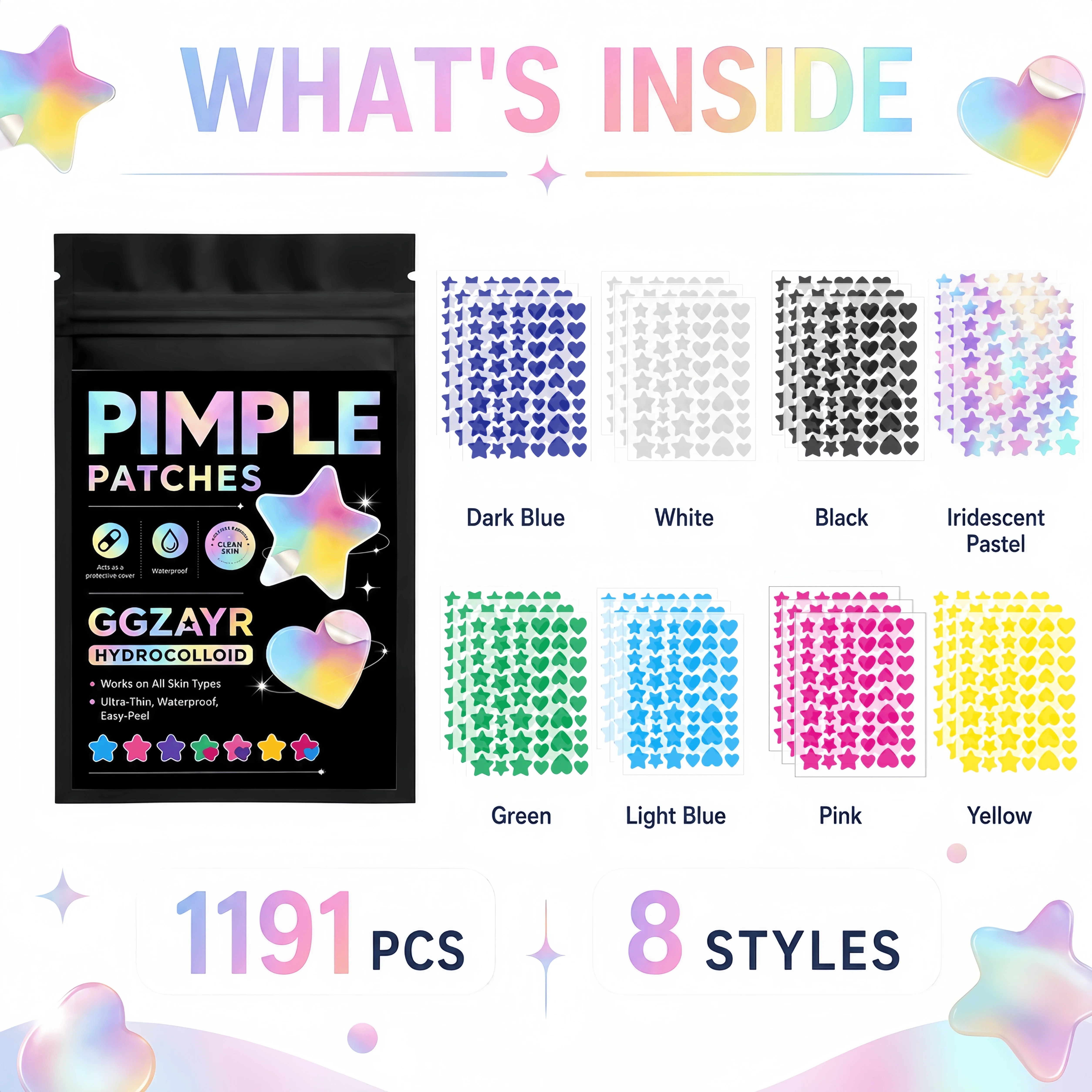 1191PCS Mixed Color Heart Star Face Patches Hydrocolloid Pimple Stickers Easy Peel Spot Covers for School Sleepover Holiday Gift