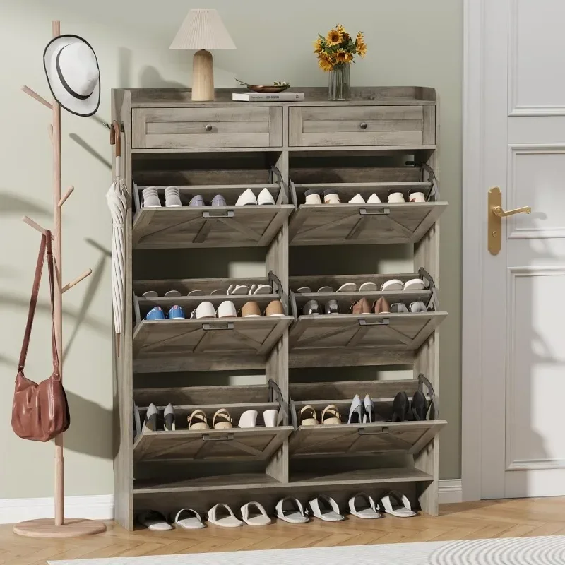 

Thacuok Shoe Cabinet with 6 Flip Drawers&2 Storage Drawers,Rustic Farmhouse Narrow Shoe Organizer Cabinet,Slim Shoe Rack Cabinet
