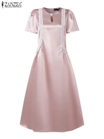 ZANZEA ग्रीष्मकालीन पार्टी ड्रेस महिलाओं साटन रेशम लंबी Sundress 2025 फैशन लघु आस्तीन सुरुचिपूर्ण कमर फीता शाम मिडी Vestidos 10 best sales साटन लंबी पोशाक - №4