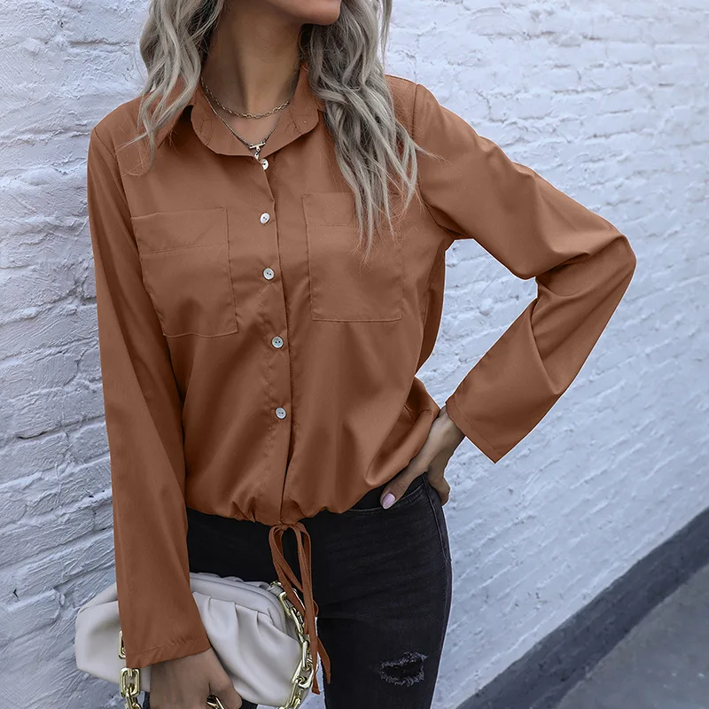 Woman Blouse 2025 Spring Autumn New Solid Color Drawstring Hem Turn-Down Collar Long Sleeved Casual Pocket Design Shirt