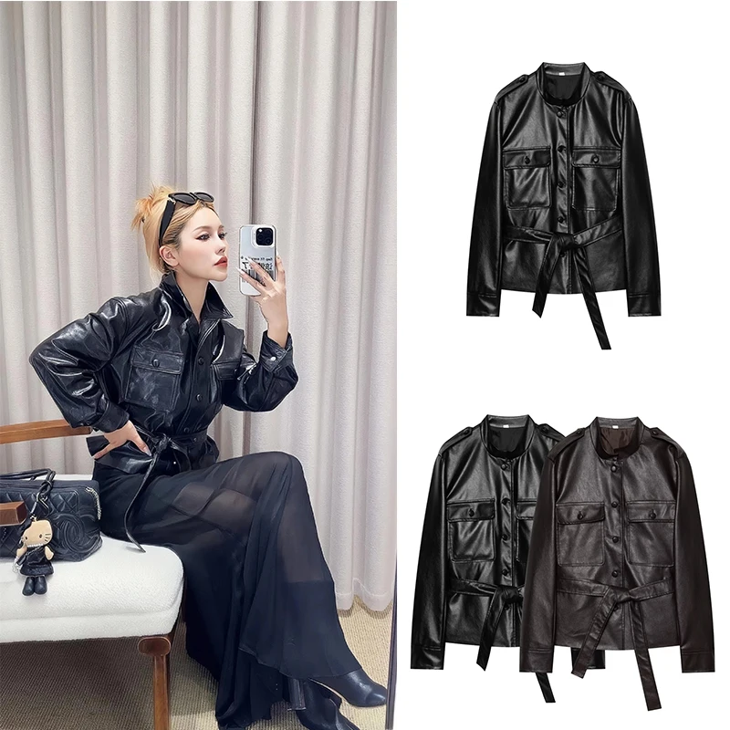 Guobioziy Women's Faux Leather Jacket 2026 Spring-Autumn New Edition Solid Color Design Western Casual Fashion Trend StreetStyle