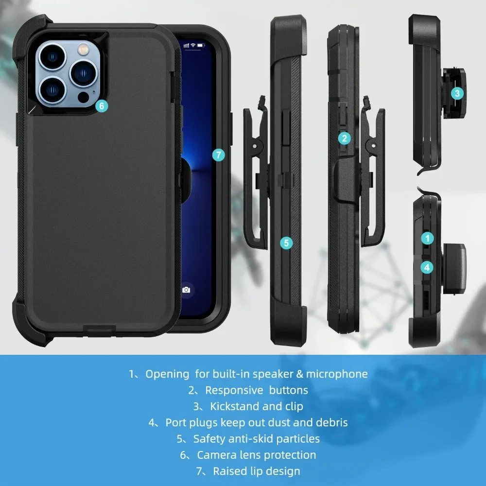 3-in-1 Armor OTT Hülle für iPhone 17 Pro Max, Air 16, 14, 13, 12, 11, 15 Pro Max – Robuste, stoßfeste PC+TPU Hülle mit Gürtelclip – Detail 6