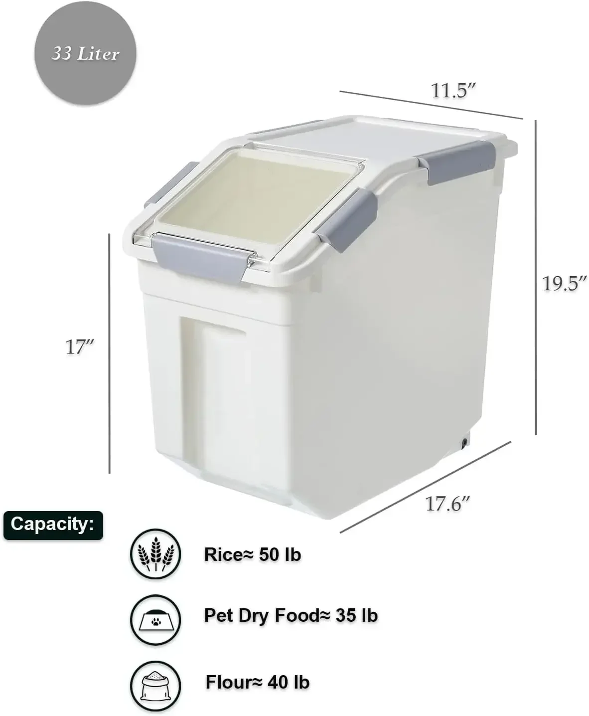 33 Liter / 50 lbs Rice Storage Container with Measuring Cup, BPA free, For Rice | Grain | Pet Food | Flour, 2 count, White