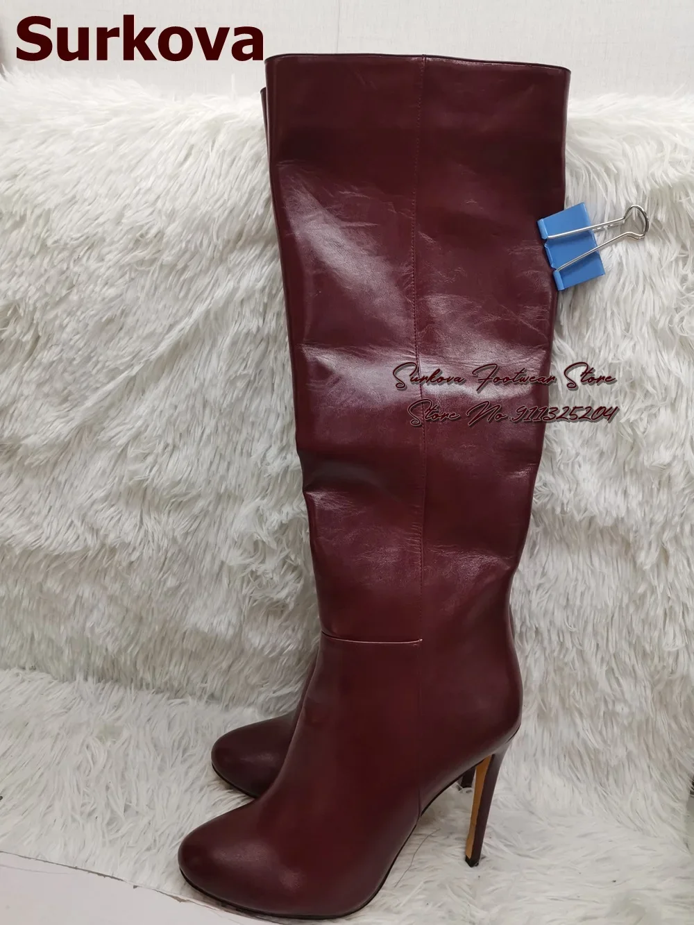 Surkova Plum Color Matte Leather Knee Boots Women Stiletto Heel Slim Long Boots Fall Winter Black Burgundy Dress Shoes Size46