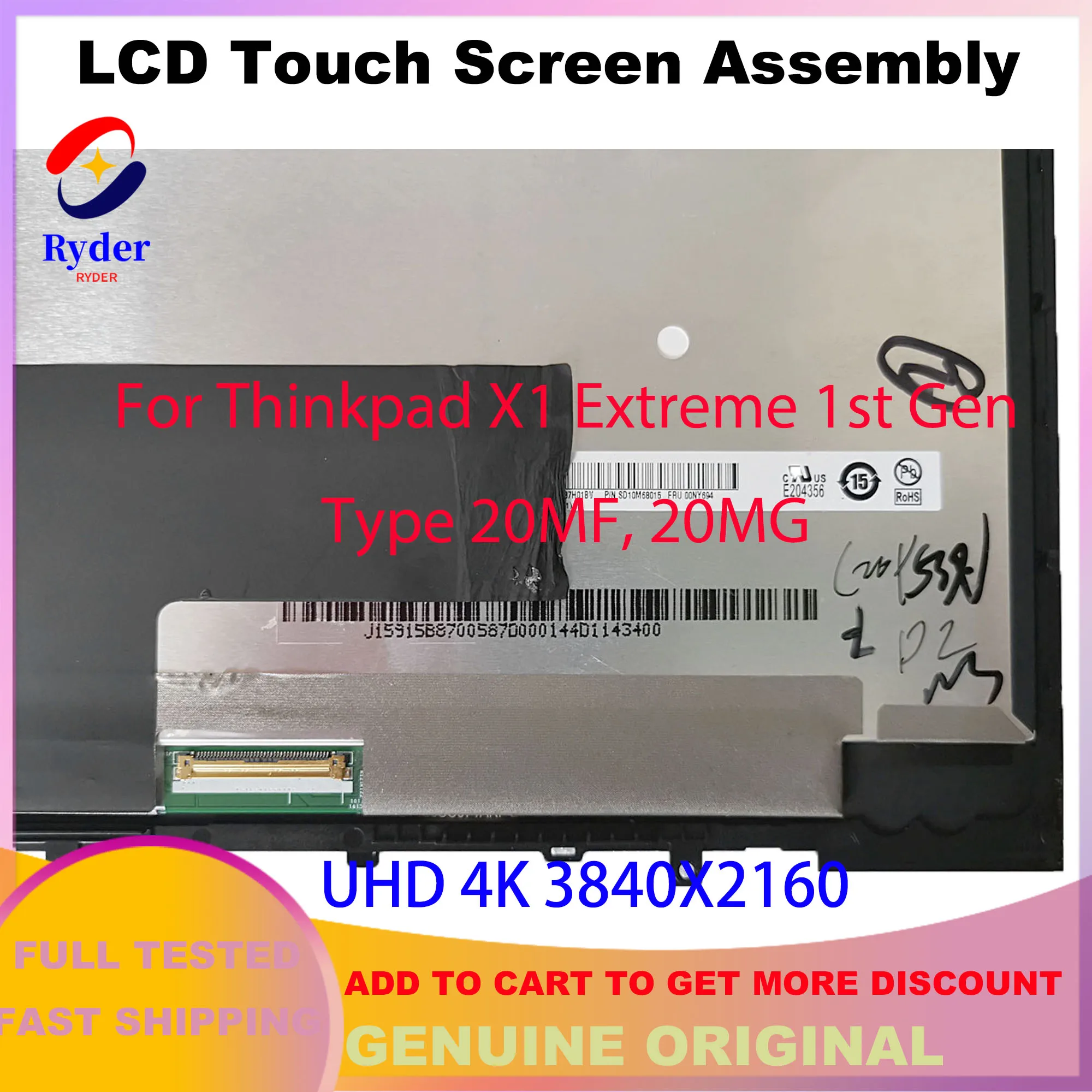 15.6นิ้ว LCD Touch Screen Digitizer Assembly 01YU648 UHD 4K สำหรับ Lenovo ThinkPad X1 Extreme 1st Gen 20MF 20MG P1 Gen 1 20MD 20ME