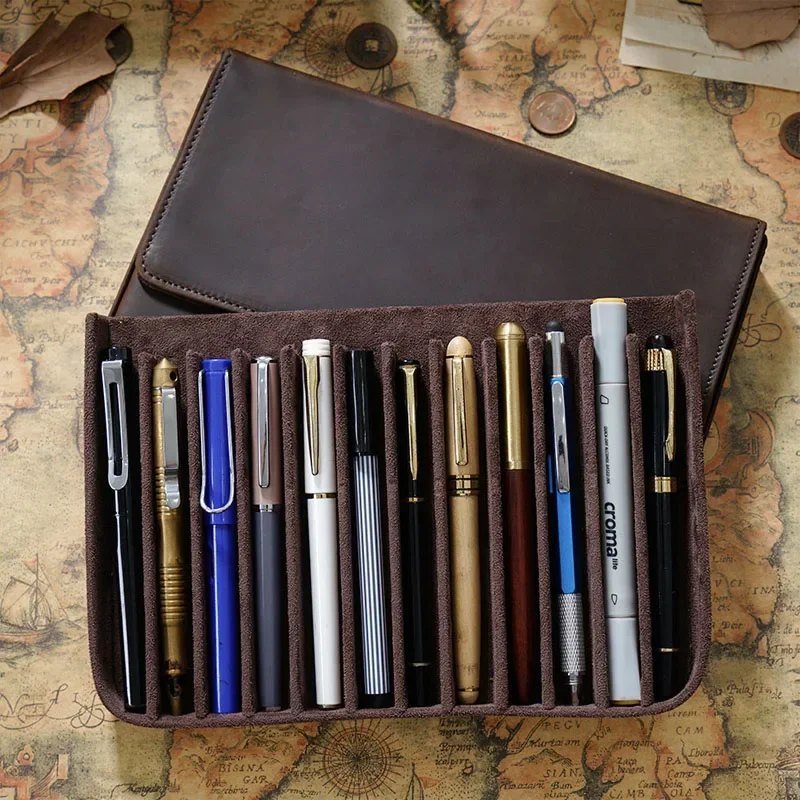 Fromthenon Vintage Crazy Horse Cowhide Pencil Bag Pen Box Magnetic Drawer Type Student Pen Storage Box Stationery Supplies