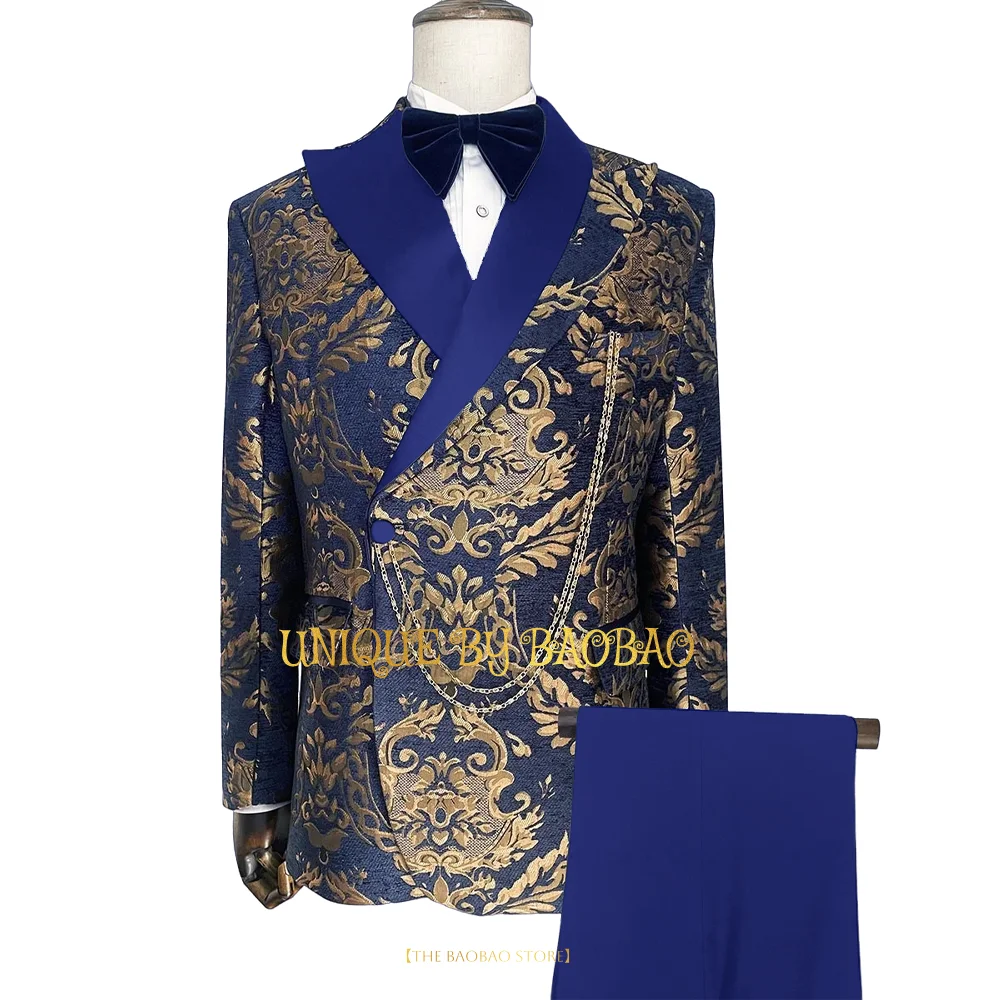 

Royal Blue Men's 2-piece attire (jacket+pants) spliced lapel gold Jacquard wedding prom birthday cocktail party custom tuxedo