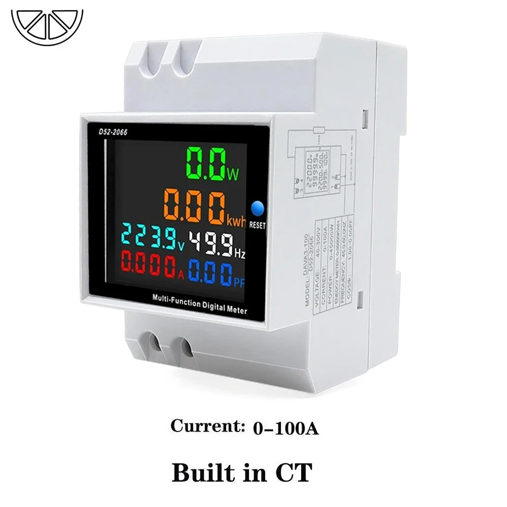6IN1 Din Rail AC Monitor 110V 220V 380V 100A Voltage Current Power Factor Active KWH Electric Energy Frequency Meter