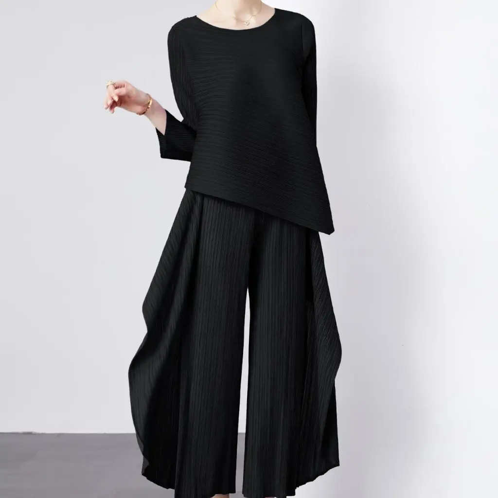 

Женский повседневный плиссированный 3-цветный дополнительный комплект брюк нестандартной формы с укороченными рукавами, свободная универсальная рубашка с круглым вырезом