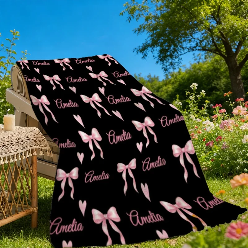 Newest Blanket Pink Bow Heart Print Flannel Blanket Personalized Soft Warm Sofa Bed Throw Blanket