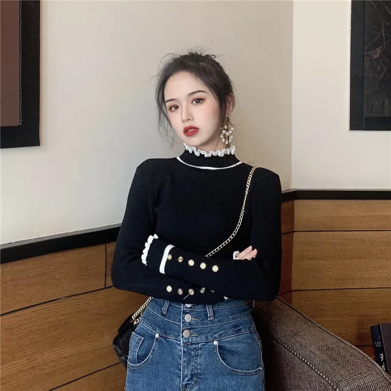 

Women's Elegant Ruffles Half High Collar Slim Soft Sweaters Spring Autumn Chic Button Vintage Striped Knitted Pullovers