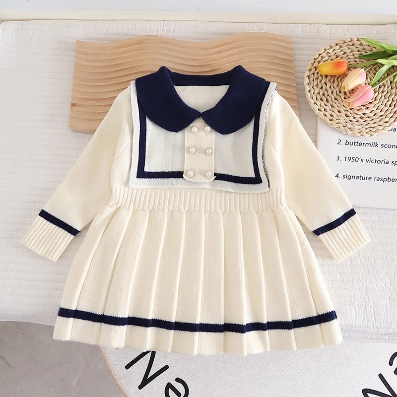 Girls\' Fashion Navy Collar Sweater Dress Autumn Baby Girls\' Knitwear Korean Style Long Sleeve Pleated Dress Kids Cotton Clothing